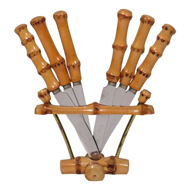 Bamboo Fruit Cutlery in Holder, Solingen, Germany, 1950s For Sale