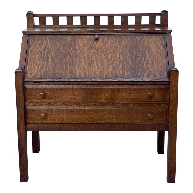Early 20th Century Tiger Oak Mission Arts and Craft Style Slant Front Desk For Sale