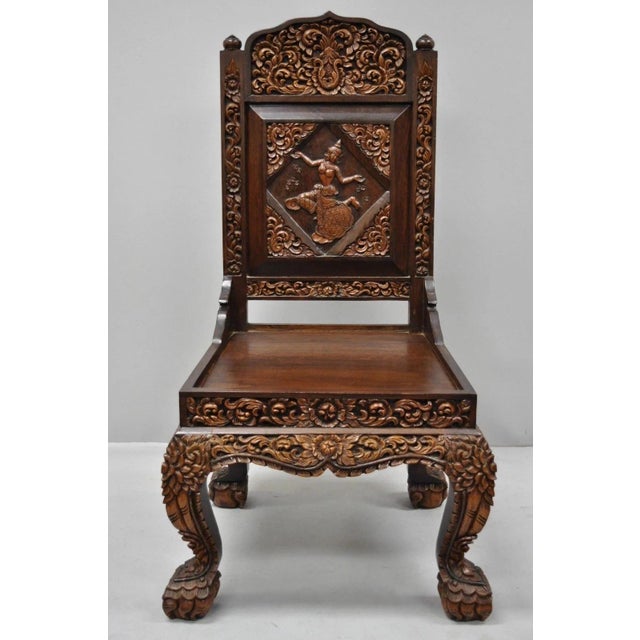 Vintage Chinoiserie Thai Oriental Carved Teak Wood Dining Side Chairs - A Pair For Sale In Philadelphia - Image 6 of 12