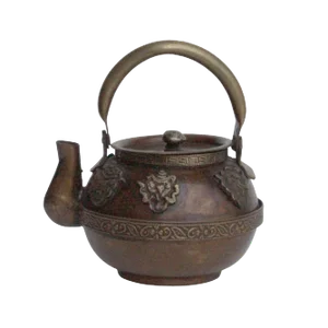Chinese Metal Bronze Color Relief Motif Accent Teapot Display