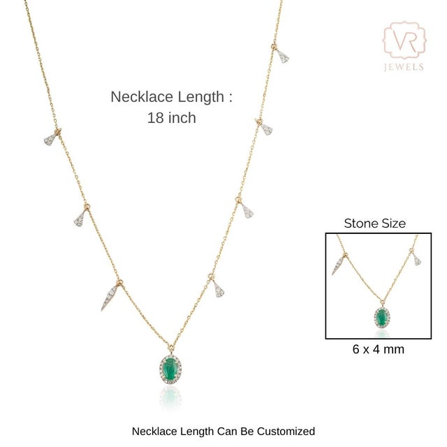 Oval Emerald & Diamond Drop Halo Station Charm Necklace in 14k Yellow Gold For Sale - Image 9 of 13