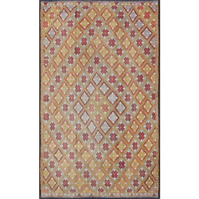 Colorful Vintage Turkish Flat-Weave Embroidered Rug With Geometric Diamond Design For Sale - Image 13 of 13