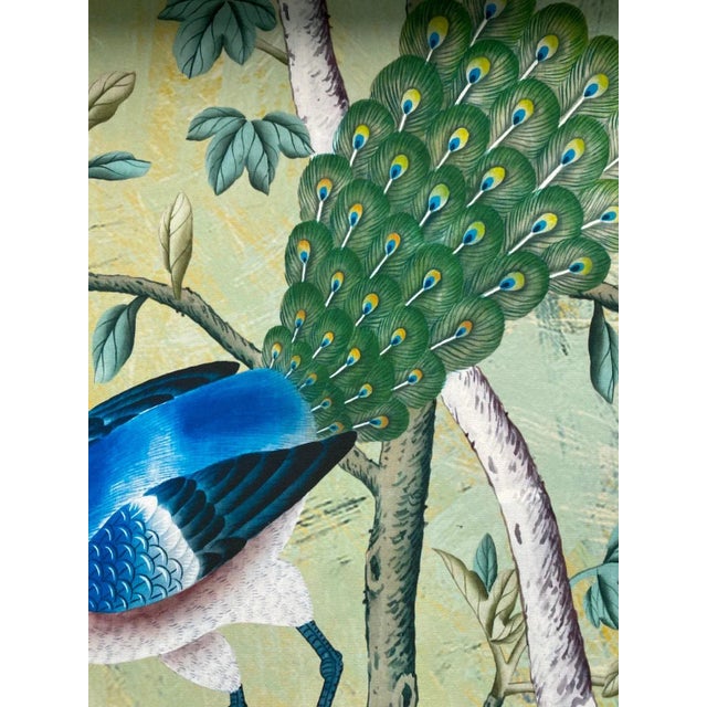 Art Deco Vintage Chinoiserie Floral Birds Garden Green Wallpaper Panel Wall Art, Wall Decor - Set of 3 For Sale - Image 3 of 8