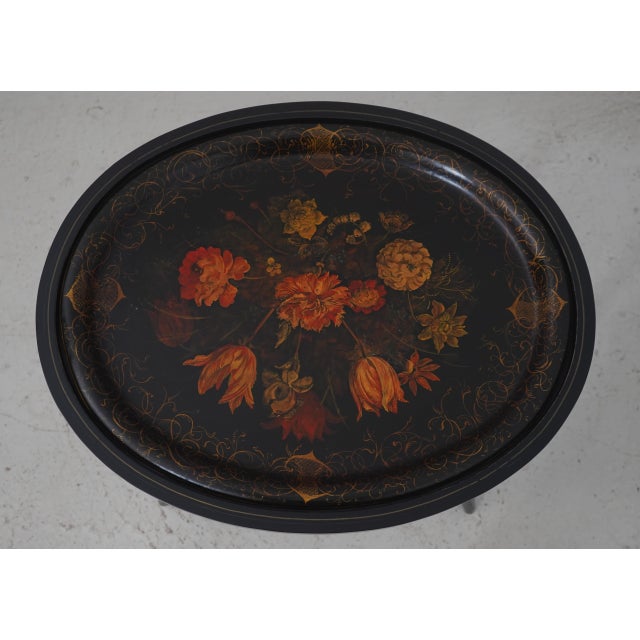 Traditional Vintage Black and Gold Toleware Tray Top Table For Sale - Image 3 of 16
