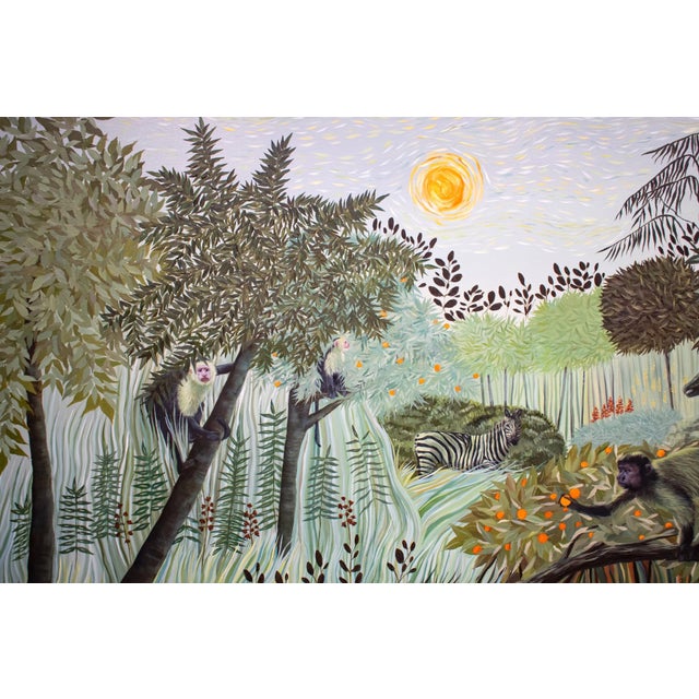 Reaching For the Sun by Andrada Trapnell | Oil on board Monkeys in a lush landscape under the sun For Sale - Image 4 of 5