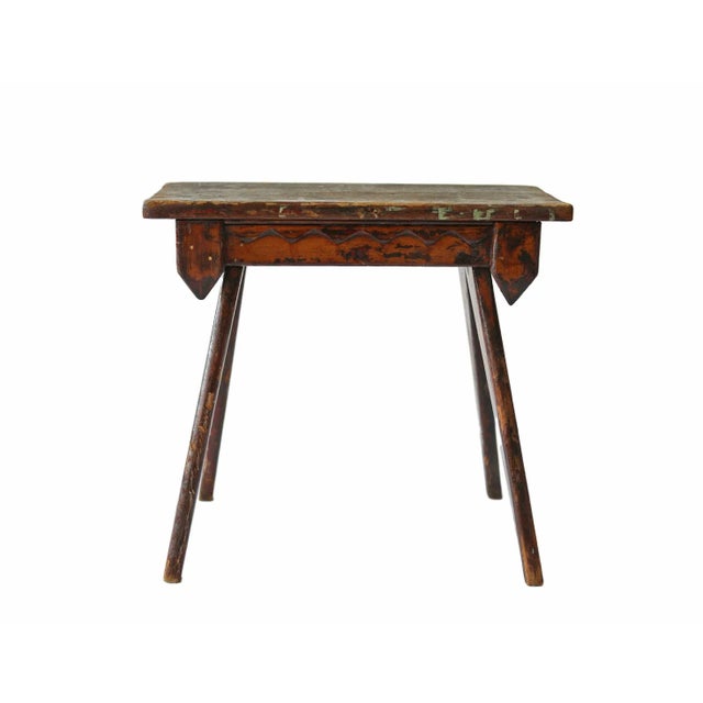Antique, primitive hand made folk art bench. Hand carved with triangular raised pattern on all four sides.