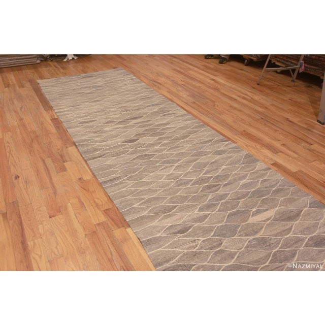 An Artistic More Tribal Design Neutral Earthy Color Long and Narrow Size Modern Hallway Flatweave Runner Kilim Rug,...