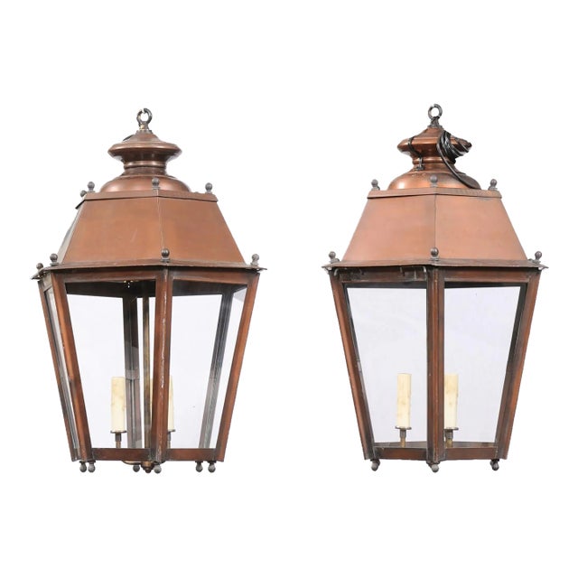 French Copper Three-Light Hexagonal Lanterns with Glass Panels, US Wired - A Pair For Sale