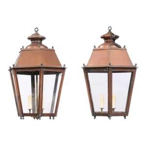 French Copper Three-Light Hexagonal Lanterns with Glass Panels, US Wired - A Pair