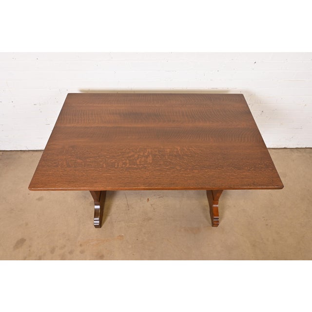 Wood Gustav Stickley Mission Oak Arts & Crafts Trestle Library Table or Writing Desk, Newly Restored For Sale - Image 7 of 11