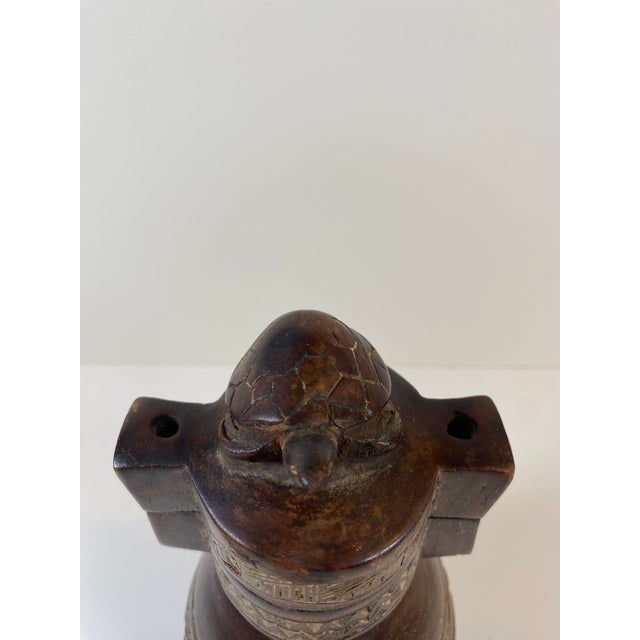 Vintage Carved Wooden Vessel With Turtle Finial – Tribal Style Decorative Object For Sale - Image 4 of 6