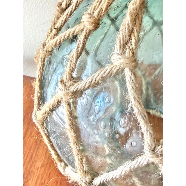 Japanese Mid 20th Century Authentic Hand Blown Blue Glass Fishing Float Buoy in Rope For Sale - Image 3 of 4