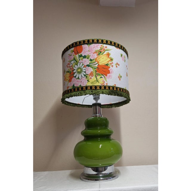 Vintage Table Lamp with Internally Lit Green Glass Base on Chrome-Plated Metal Mount with Handmade Fabric Shade by Lamplove, 1970s For Sale - Image 4 of 8