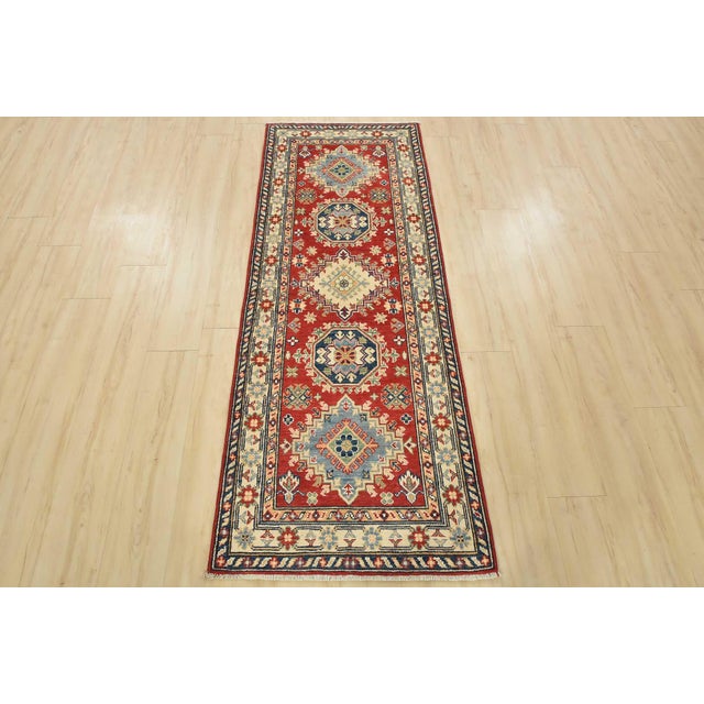 Cabin Kazak Runner 2’6” X 6’7” Red Wool Tribal Hand-Knotted Oriental Rug For Sale - Image 3 of 12