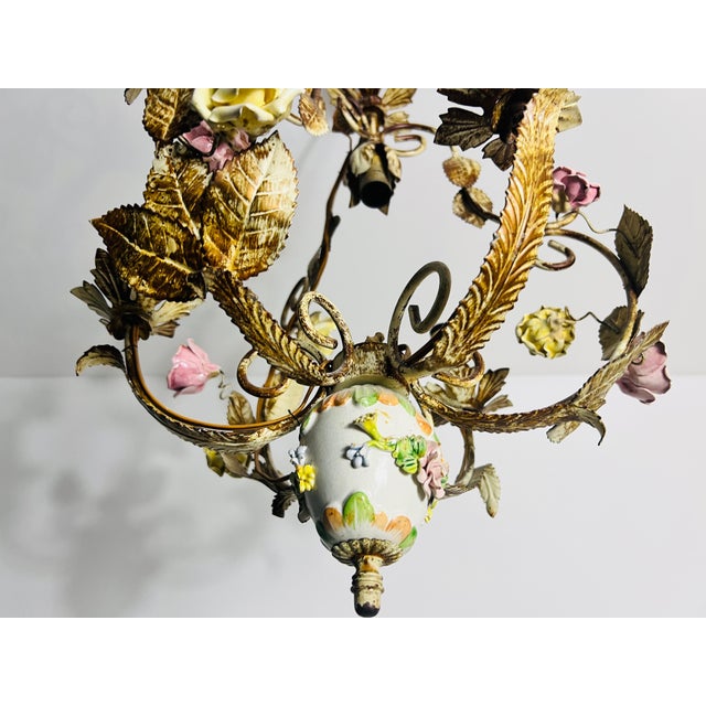 Brass and Ceramic Florentine Flower Shape Chandelier, Germany, 1970s For Sale - Image 11 of 12