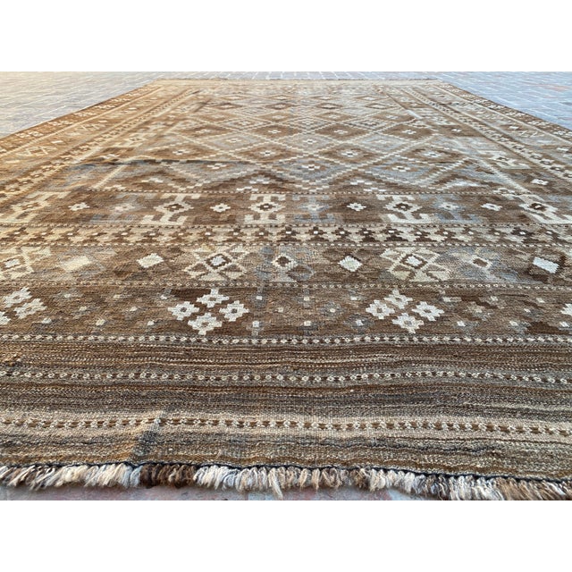 Afghan Ghalmori Maimana Kilim Rug 8x14 Ft, Handwoven Brown Gray Blue Bordered Flatweave, Large Tribal Area Rug For Sale - Image 9 of 15