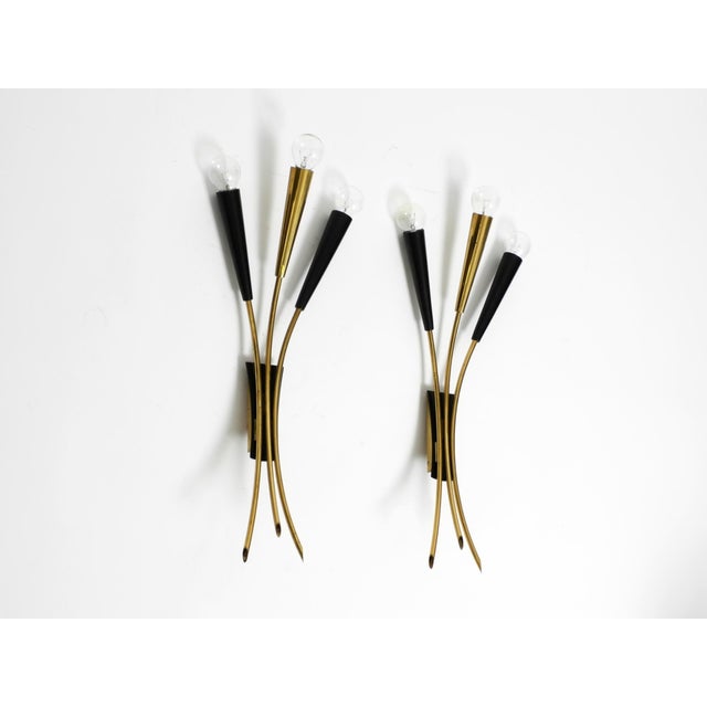 1950s Large Mid-Century Modern Brass Three-Light Cone Wall Lamps, 1950s, Set of 2 For Sale - Image 5 of 18