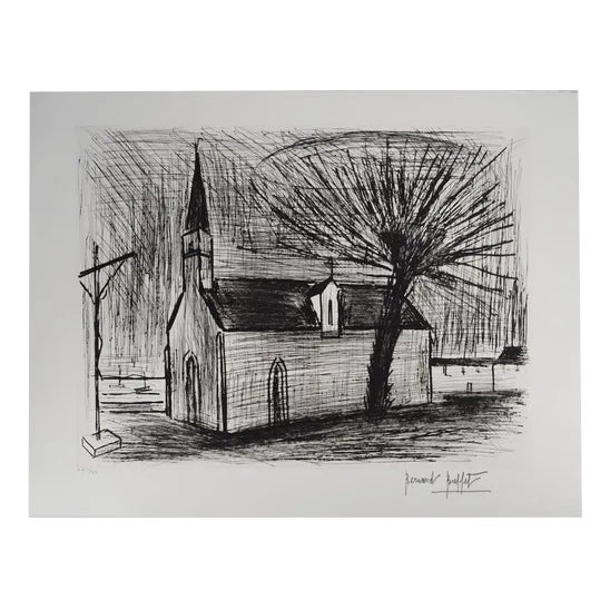 Bernard Buffet, Brittany, Chapel and Calvary, Original Engraving For Sale