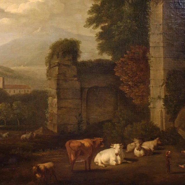 Italian Artist, Bucolic Landscape with Ruins, 1680, Oil on Canvas, Framed For Sale - Image 8 of 15