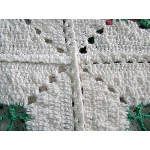 Textile 1970s Handmade Crochet Bedspread Rose Splendor or Rose Pineapple Granny Square With Fringe White Green Pink For Sale - Image 7 of 12