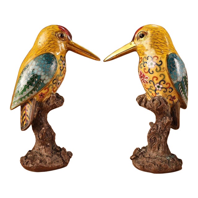 Pair of Vintage Cloisonne Enamel Woodpecker Figures – 10.2" Birds on Branches For Sale