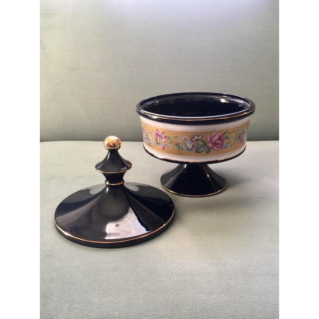 Shabby Chic Italian Cobalt Blue Gold Floral Banded Footed Dish For Sale - Image 3 of 11