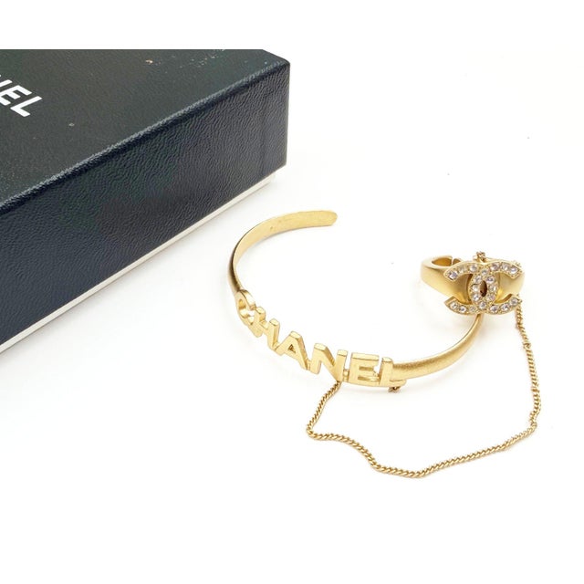 Chanel Vintage Gold CC Crystal Ring Chained Letter Cuff Bracelet * Marked 01 * Made in France * Comes with the original...