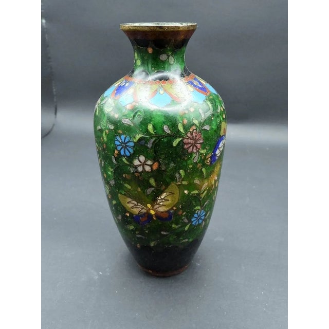 Japanese Antique Japanese Meiji Period Enameled Foil Butterfly Chrysanthemum Cloisonne Brass Vase 1800s For Sale - Image 3 of 4
