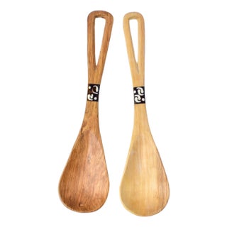 Early 21st Century Olivewood Serving Spoon Set With Bone Inlay Kenya For Sale