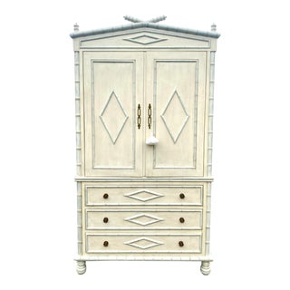 Vintage Coastal Crossed Bamboo Armoire For Sale