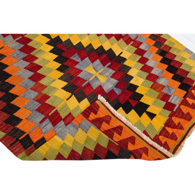 Beautiful Vintage Sumakh hand-knotted wool rug with multicolor field and features a gorgeous geometric abstract design....