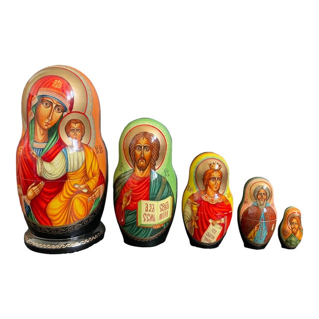 Hand Painted Byzantine Orthodox Icons Nesting Dolls - Set of 5 For Sale