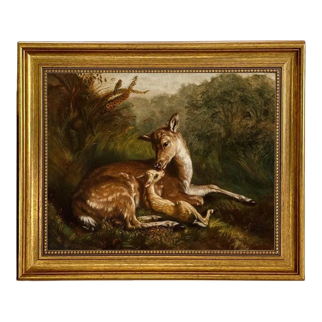 Doe and Fawn Framed 11x14" Oil Painting Print on Canvas For Sale