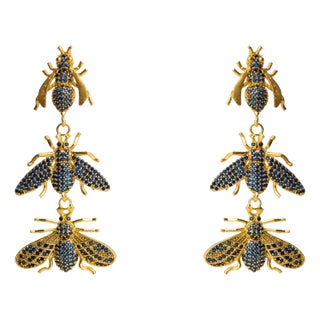 Divine Connection Trio Queen Bee Sapphire & Gold Dangle Earrings, 2 Pieces For Sale