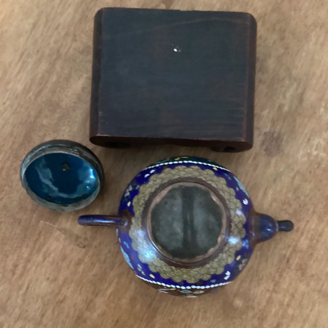 Wood Antique Japanese Cloisonné Meiji Period Teapot Phoenix Motif, Blue Enamel Body on Wood Base For Sale - Image 7 of 12