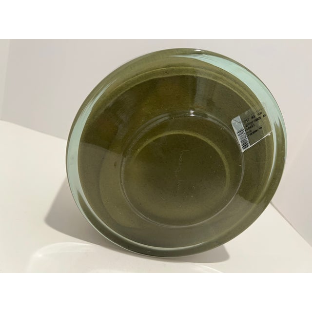 2000 - 2009 Signed Henry Dean Belgian Mouth-Blown Art Glass Cylinder Vessel / Hurricane Seafoam Blue & Olive For Sale - Image 5 of 7