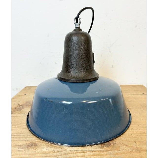 Industrial Blue Enamel Factory Lamp with Cast Iron Top, 1960s For Sale - Image 11 of 18
