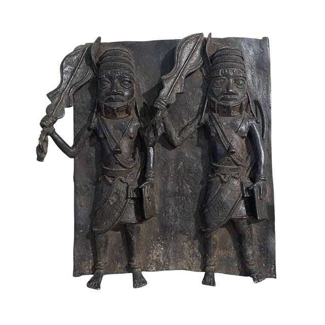 African Vintage Large African Benin Bronze Plaque W/ Warriors 18.25" H For Sale - Image 3 of 12