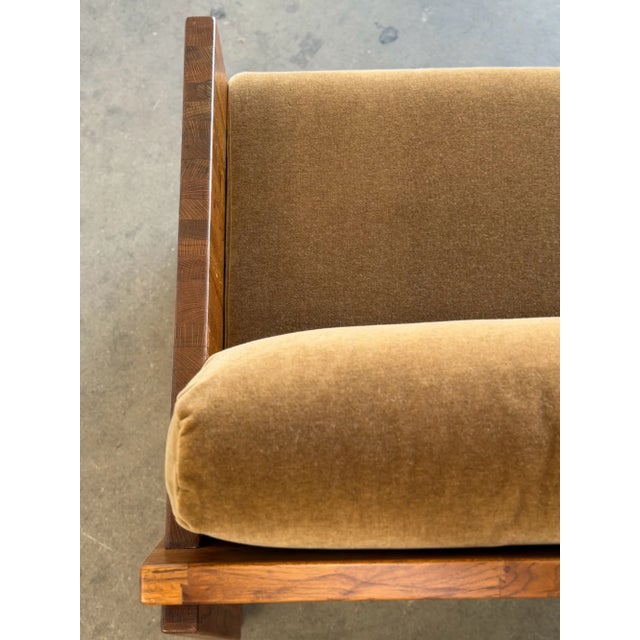 1970s Solid Oak Sling Loveseat in Mohair For Sale - Image 12 of 18