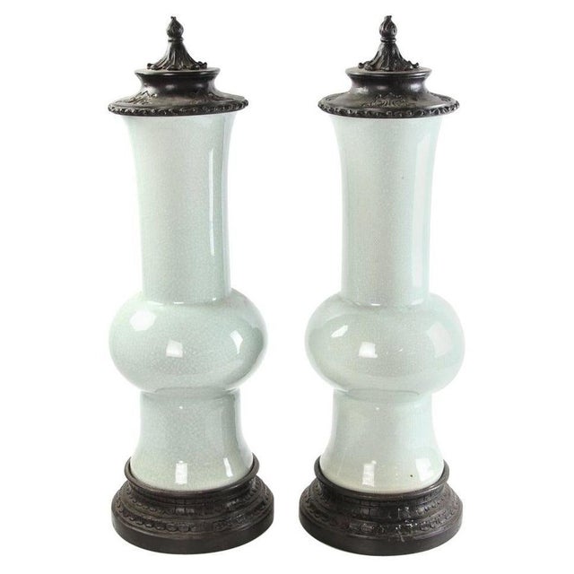 Early 20th Century Chinese Celadon Gu Shaped Porcelain Vases with Metal Covers and Base - A Pair For Sale - Image 15 of 18