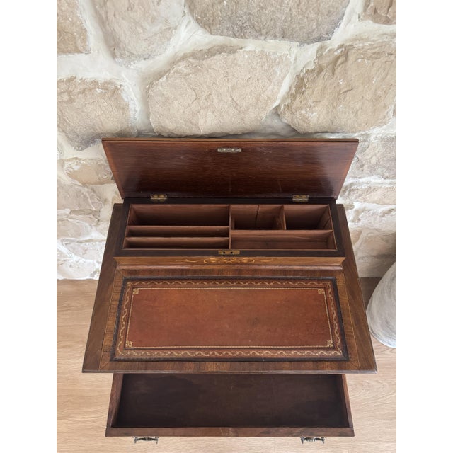 Antique Edwardian Marquetry Ladies Wring Desk with Small Leather Top Workspace, 1920s For Sale - Image 3 of 18