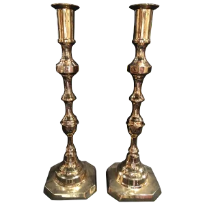 Tall English Polished Brass Candlesticks, 19th Century - a Pair