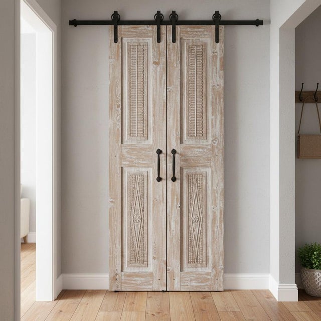 1920s Antique Carved Double Barn Door – Rustic Farmhouse Sliding Doors in Distressed Wood 80x26 For Sale - Image 5 of 5