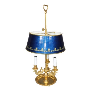 French Empire Style Bouillotte Lamp With Blue Tole Shade and Gilt Bronze For Sale
