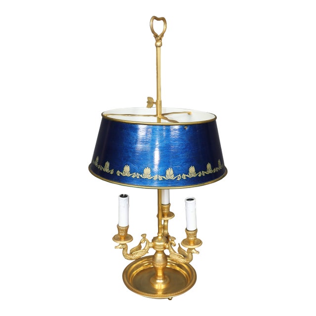 French Empire Style Bouillotte Lamp With Blue Tole Shade and Gilt Bronze For Sale