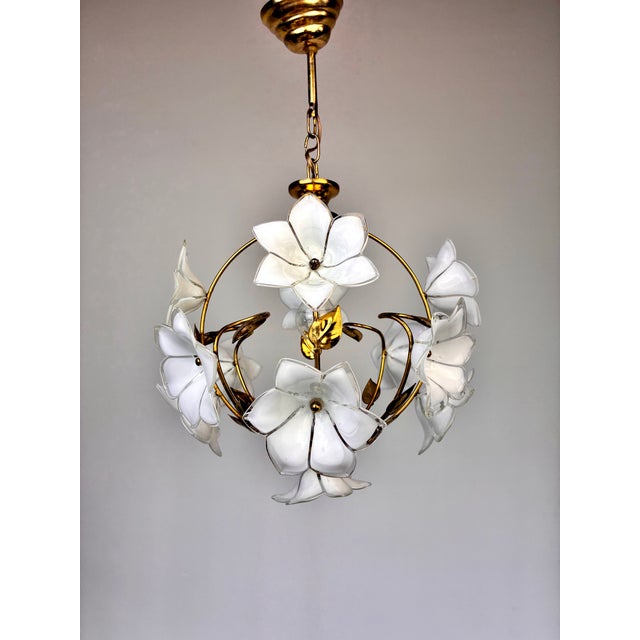 Brass Vintage Murano Style White Floral Globe Chandelier - Brass Finish For Sale - Image 8 of 15