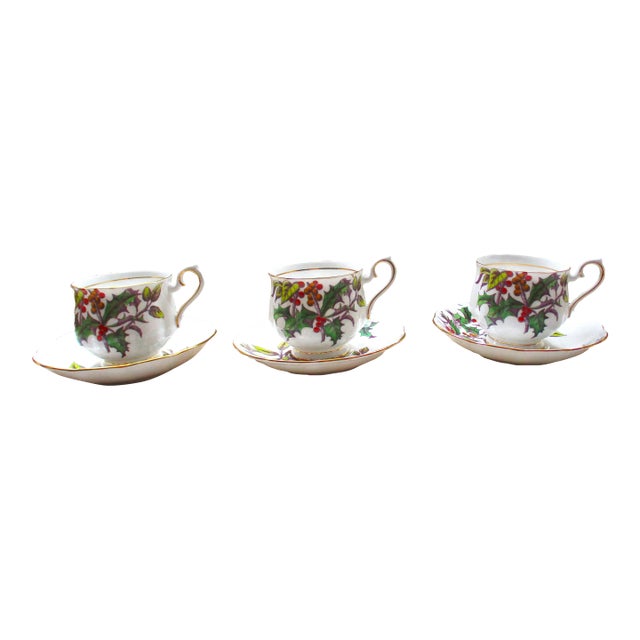 1950s Royal Albert Bone China Flower of the Month Series #12 Holly 3 Teacups & Saucers Set- 6 Pieces For Sale