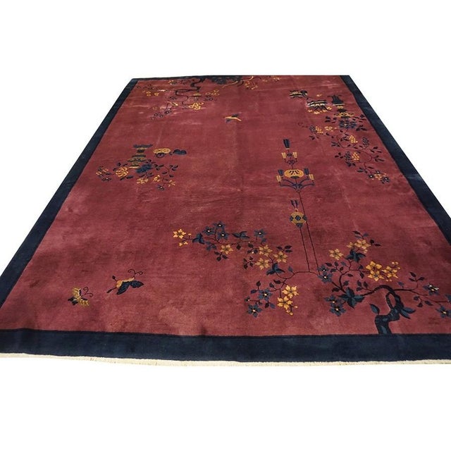 Art Deco 1920s Raspebery Pink Open Field Floral Antique Chinese Art Deco Room Size Rug For Sale - Image 3 of 8
