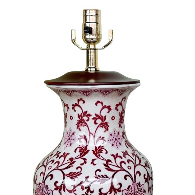 Mid 20th Century Mid 20th Century Chinoiserie Ginger Jar Table Lamp Rose Floral Scroll Wood Base For Sale - Image 5 of 7