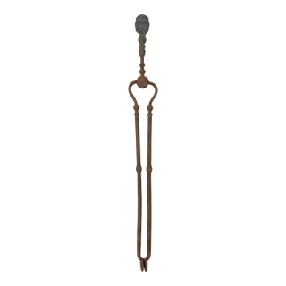 Antique 18th Century Wrought Iron Turned Brass English Fireplace Tongs Tool 12 For Sale